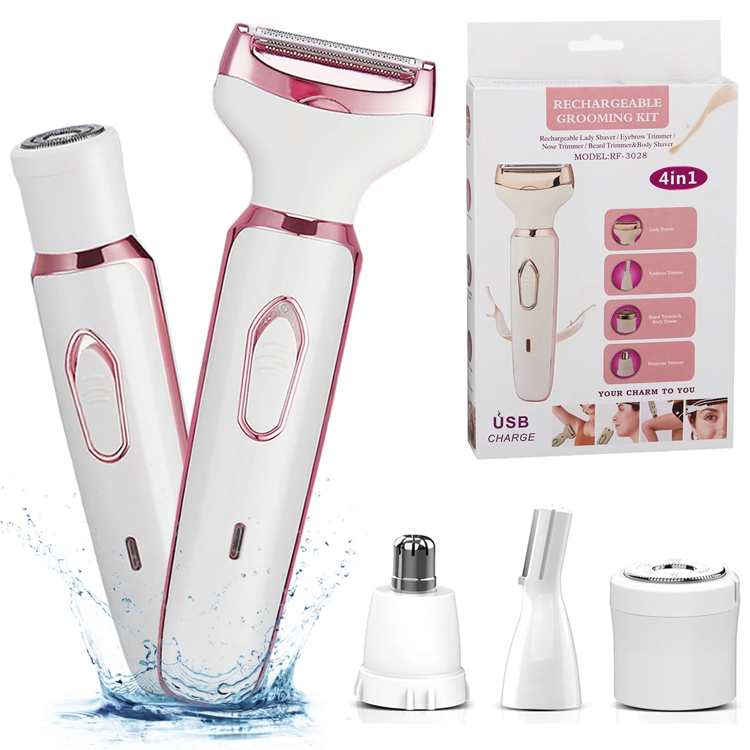 4-in-1 Rechargeable Women’s Electric Shaver with interchangeable heads for facial hair, body, bikini, and eyebrow trimming, featuring a sleek design and USB charging capability