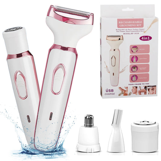 4-in-1 Rechargeable Women’s Electric Shaver with interchangeable heads for facial hair, body, bikini, and eyebrow trimming, featuring a sleek design and USB charging capability