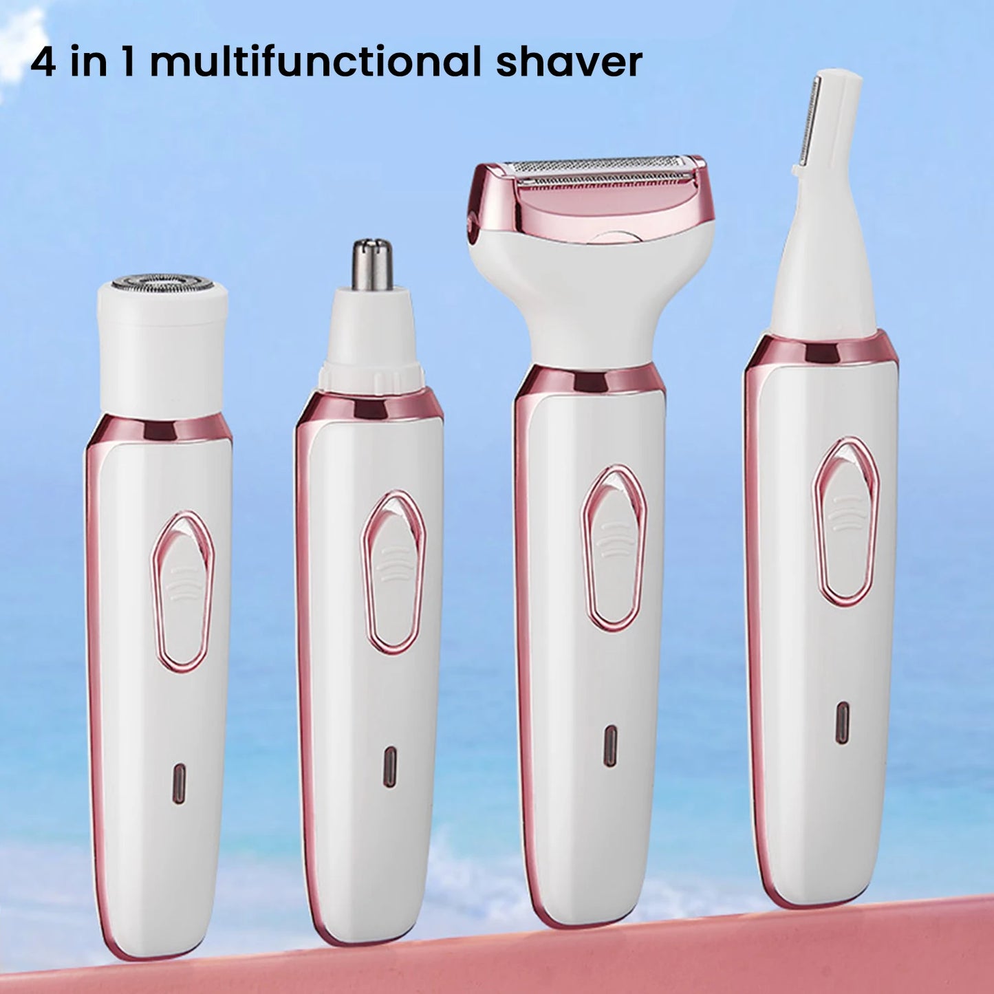 4-in-1 Rechargeable Women’s Electric Shaver with interchangeable heads for facial hair, body, bikini, and eyebrow trimming, featuring a sleek design and USB charging capability