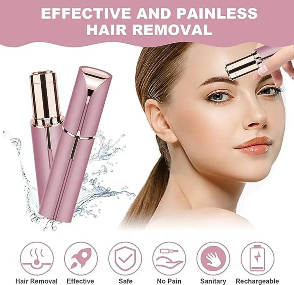 Electric facial hair trimmer in a stylish lipstick design for women.