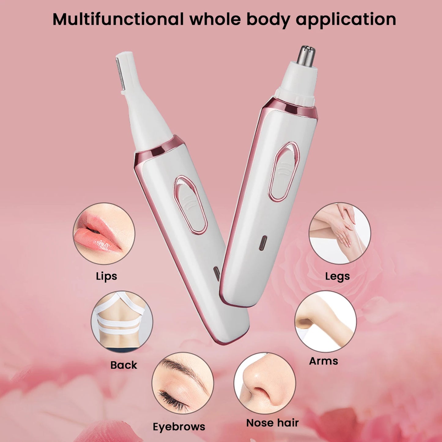 4-in-1 Rechargeable Women’s Electric Shaver with interchangeable heads for facial hair, body, bikini, and eyebrow trimming, featuring a sleek design and USB charging capability